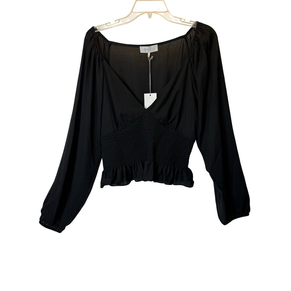 WAYF‎ Semi Sheer Long Sleeve Ruched Chiffon Black Blouse Womens L